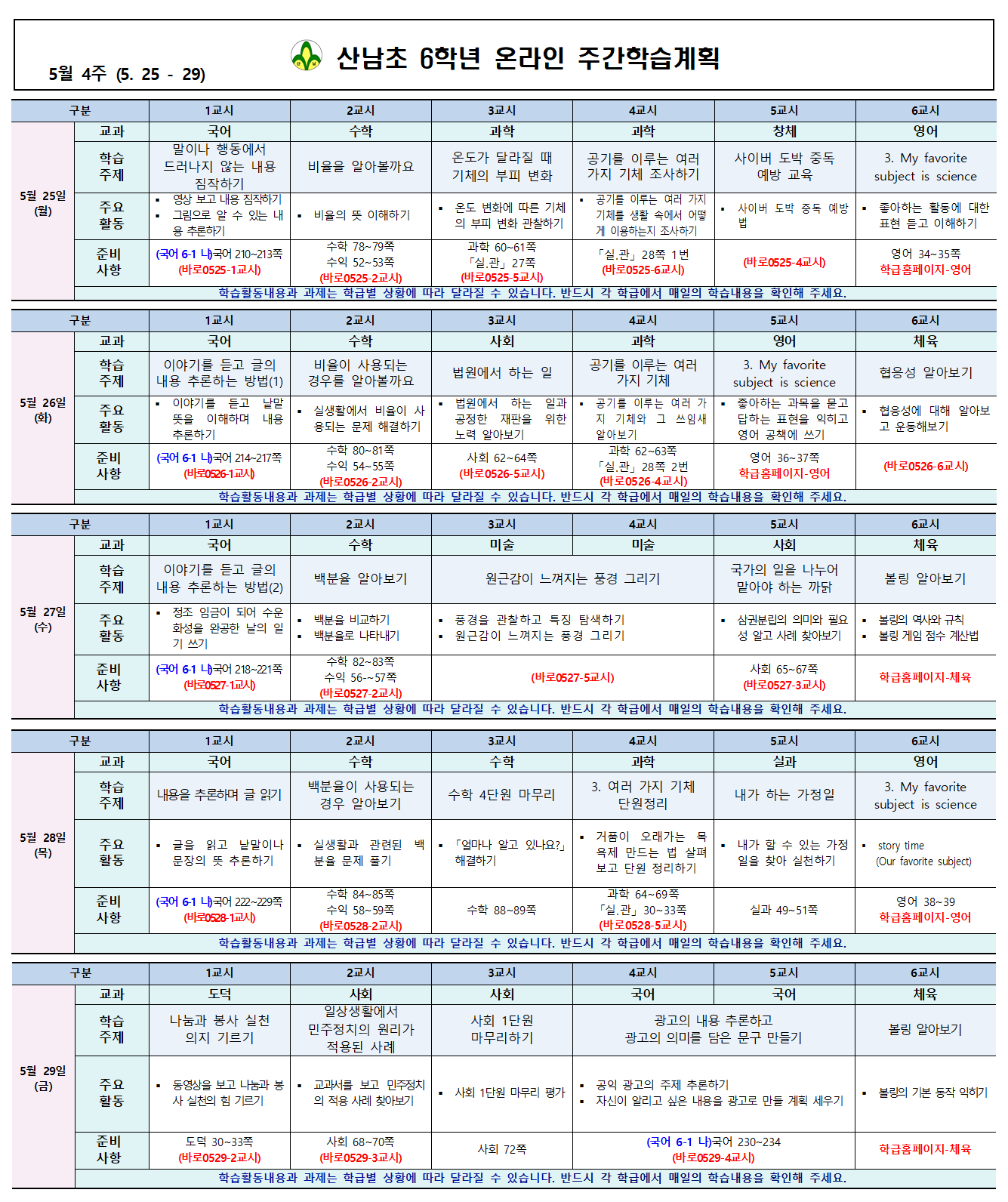 산남초6학년_주간학습계획(5.25-29)