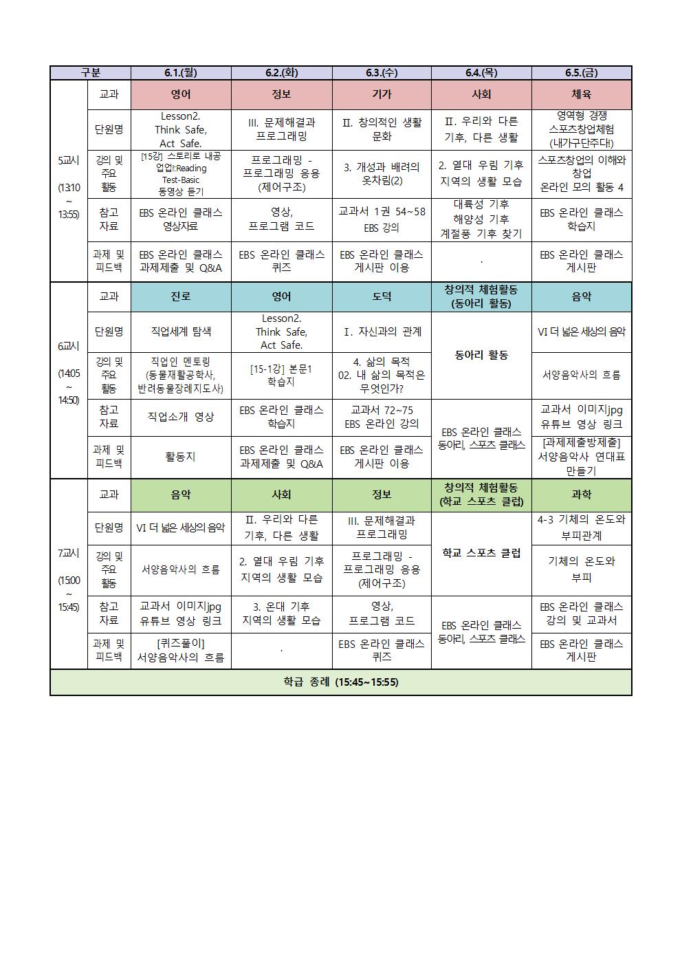 1학년 원격수업 주간학습계획(6.1.-6.5002