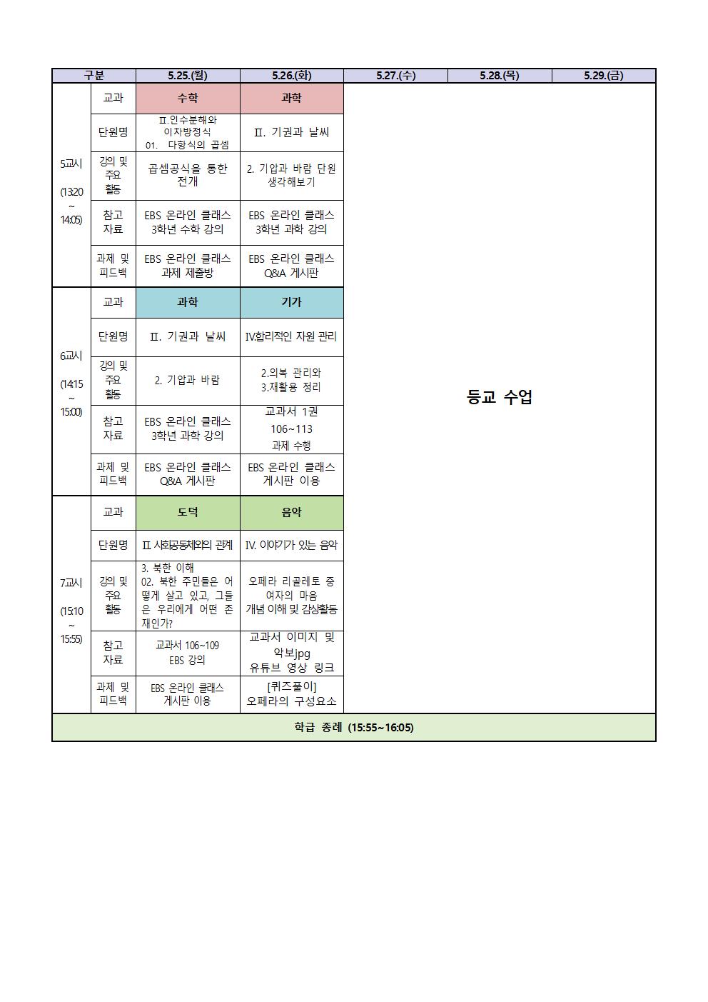 3학년 원격수업 주간학습계획(5.25.-5.26002