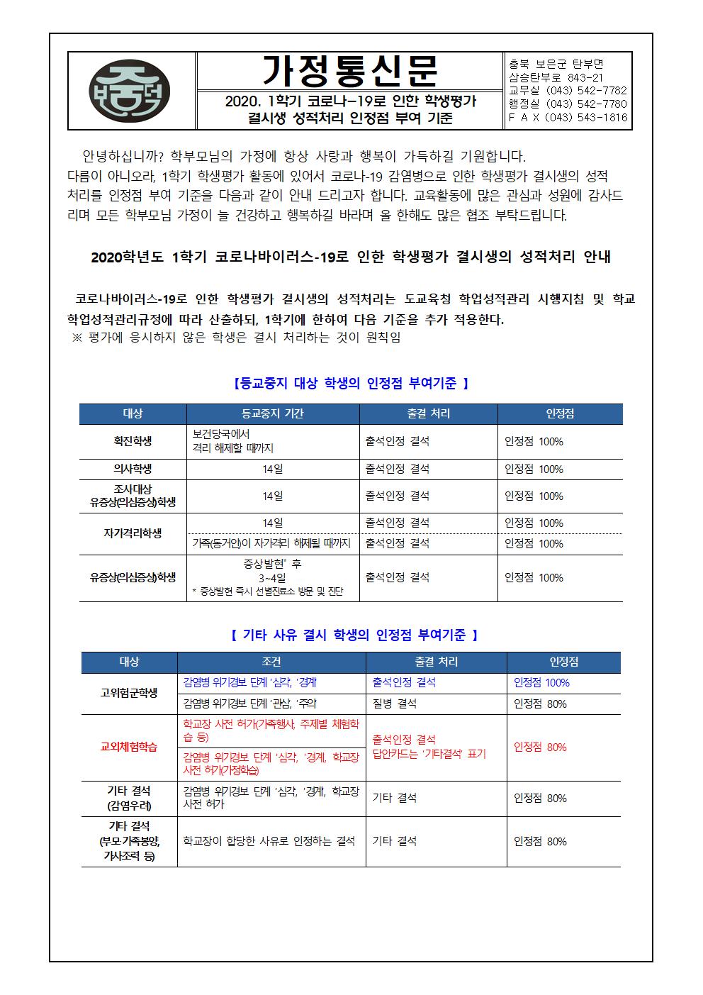 1학기 코로나-19로 인한 학생평가 결시생 성적처리 안내 가정통신문001