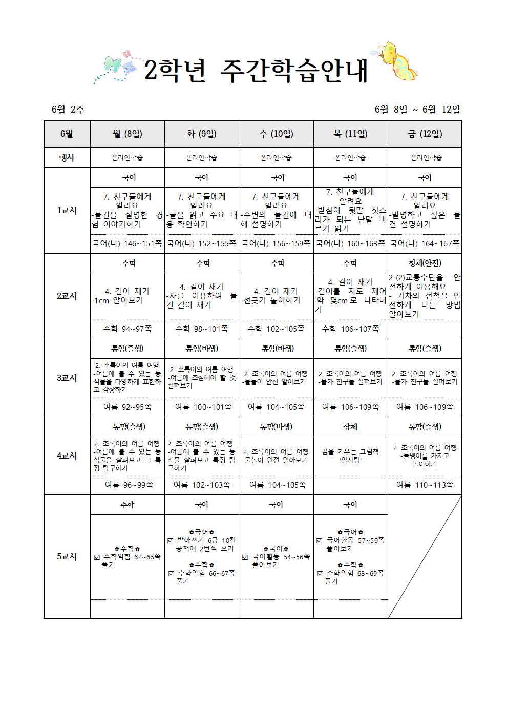 6월8일-6월12일 주간학습계획(2학년)001