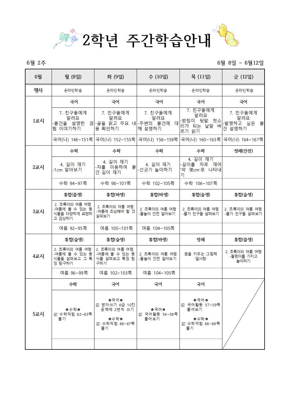 6월8일-6월12일 주간학습계획(2학년)001