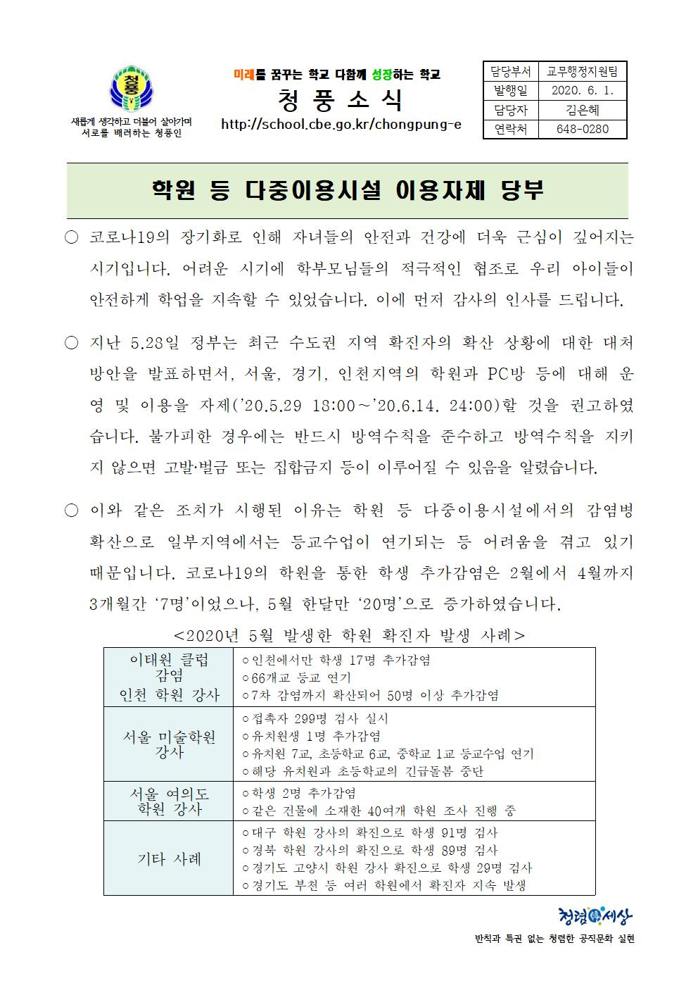 학원 이용 자제 당부 통신문(수도권 이외) 가정통신문001