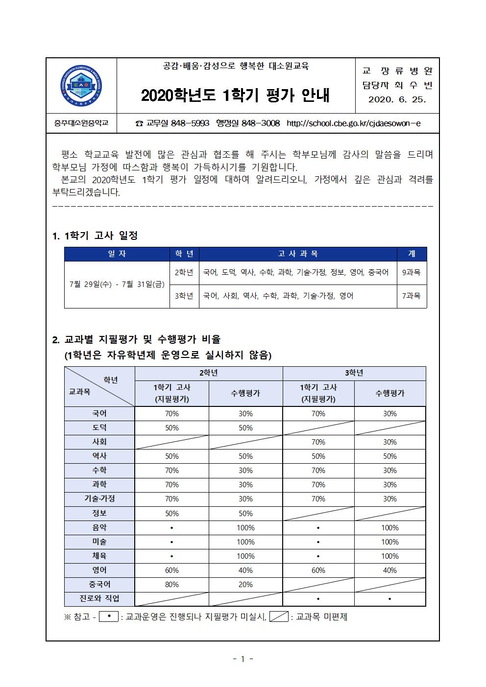 2020. 1학기 평가 안내 가정통신문001