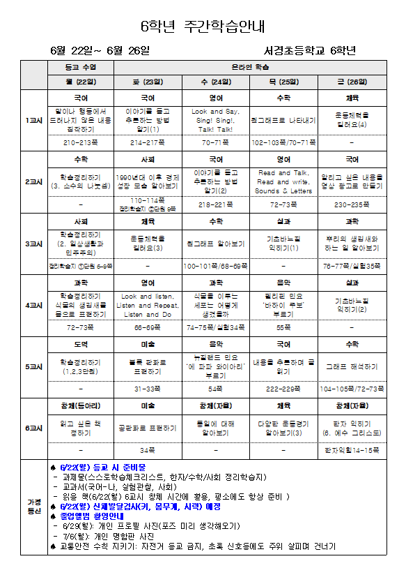 주간학습안내(6월 4주)