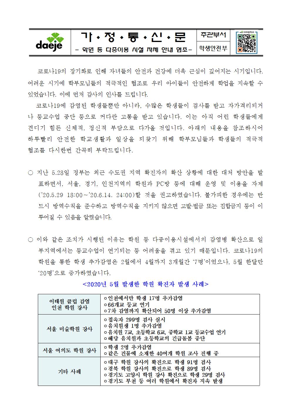 가정통신문(다중이용시설 이용자제 안내)001