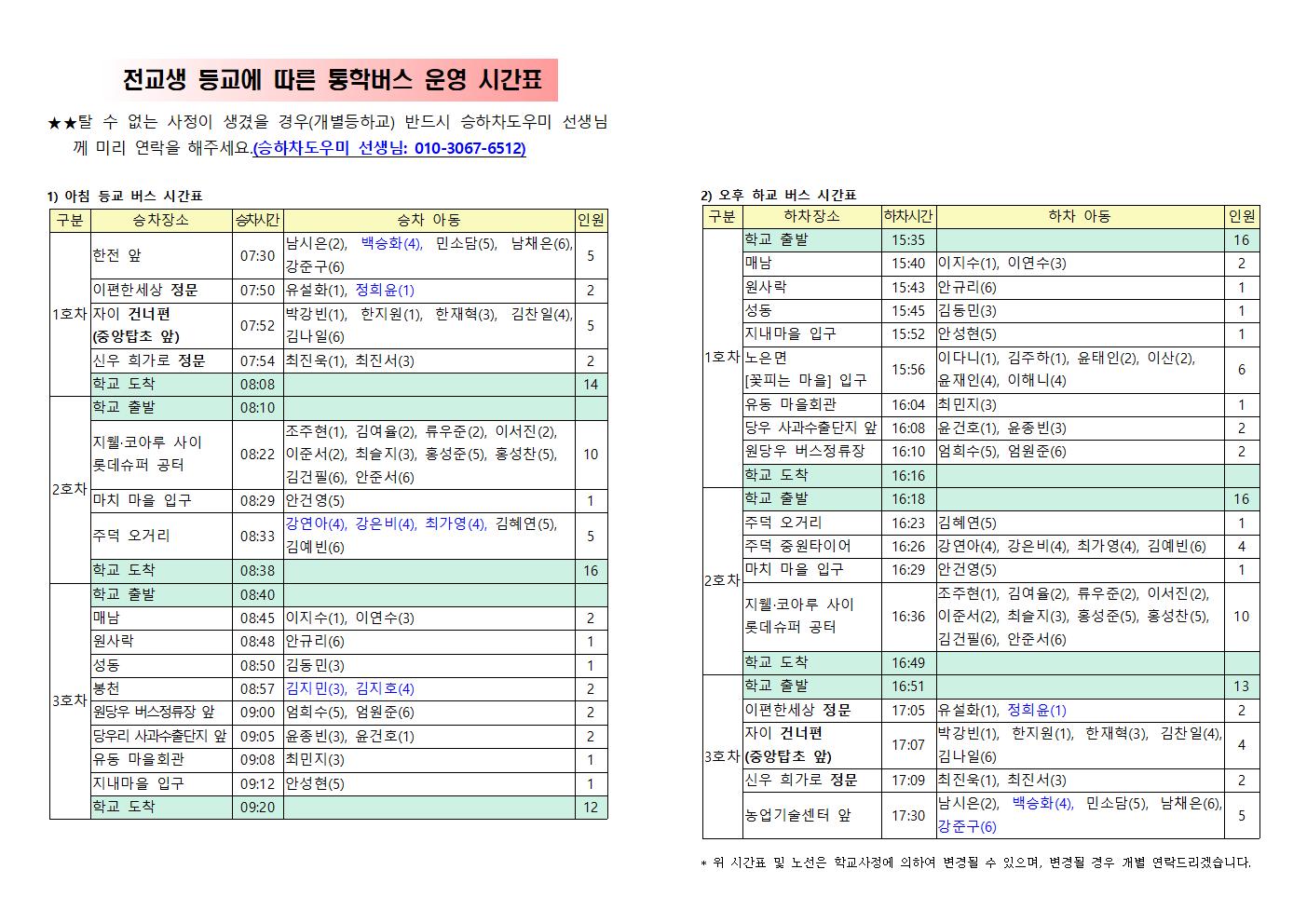 전교생 등교에 따른 통학버스 운영 안내002