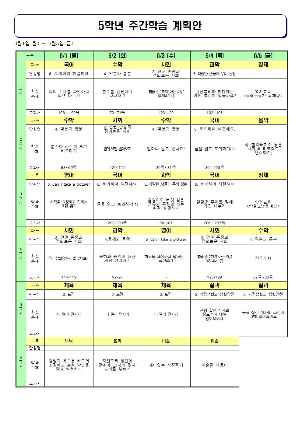 주간학습계획안내(601-605)