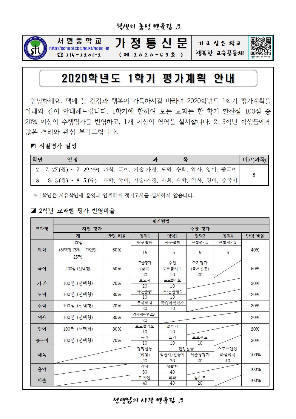 2020학년도 1학기 평가계획 안내 가정통신문001