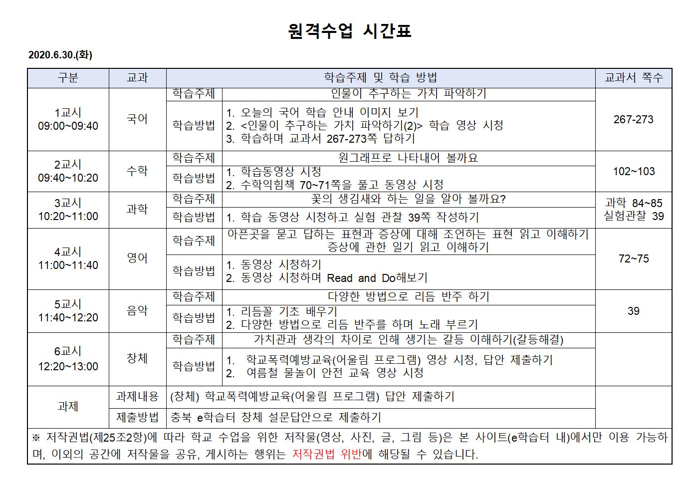 2020.6.30.(화)원격수업 시간표001