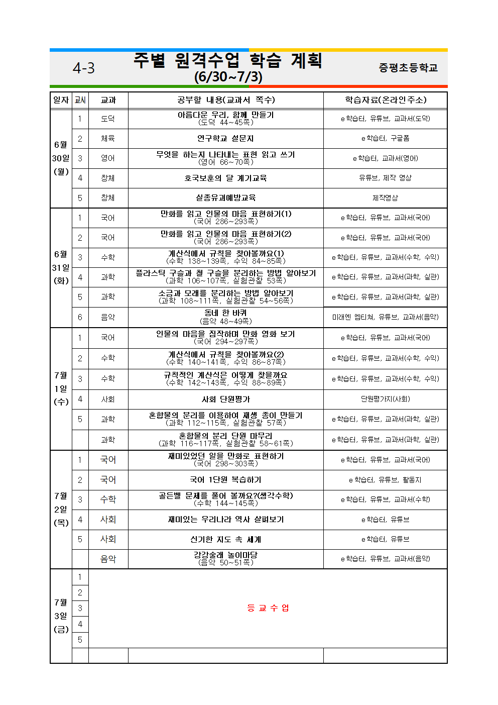 4학년 3반 주별 원격수업 학습 계획(6.29-7.3)