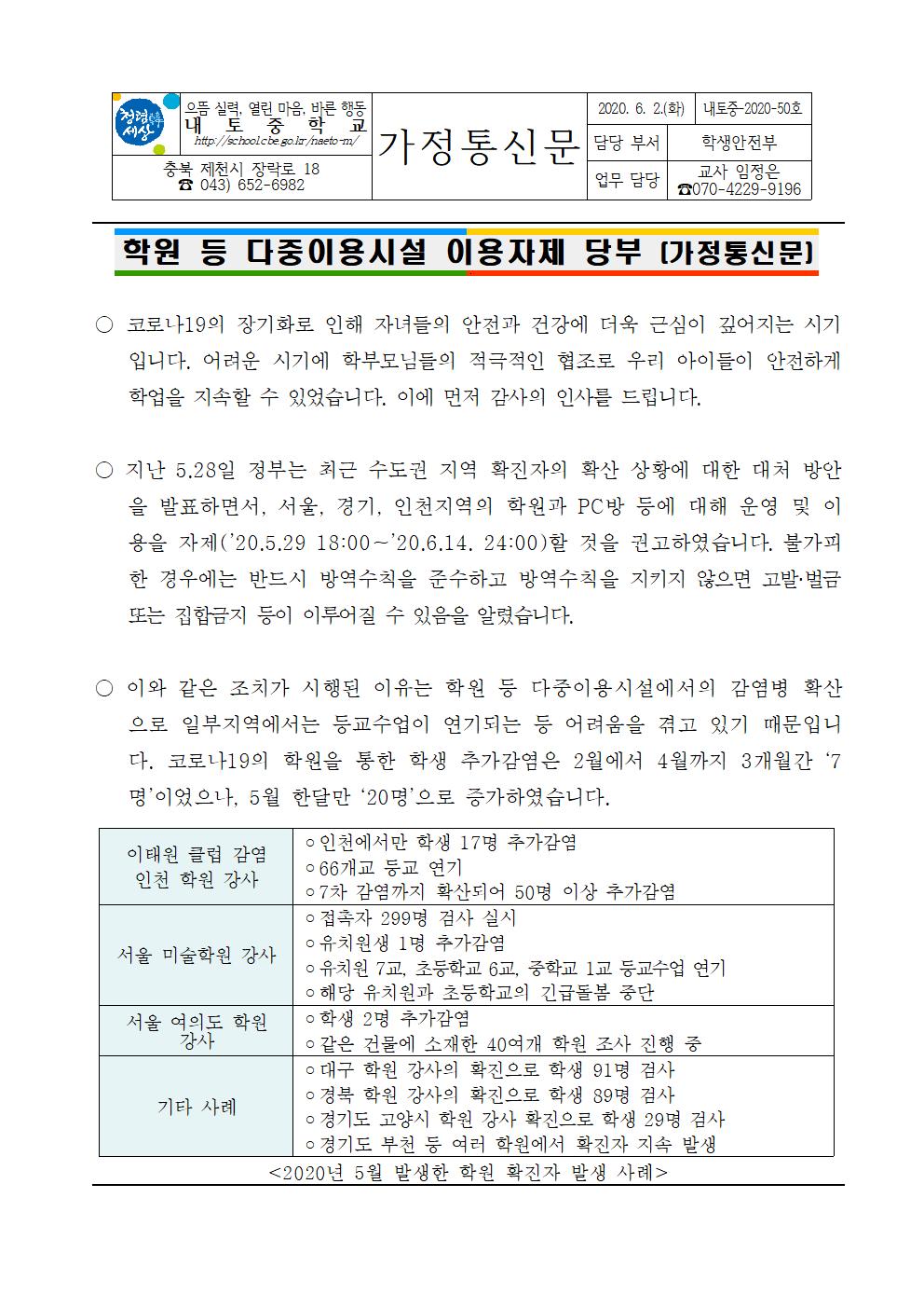 50호 - 학원 등 다중이용시설 이용자제 당부 가정통신문001