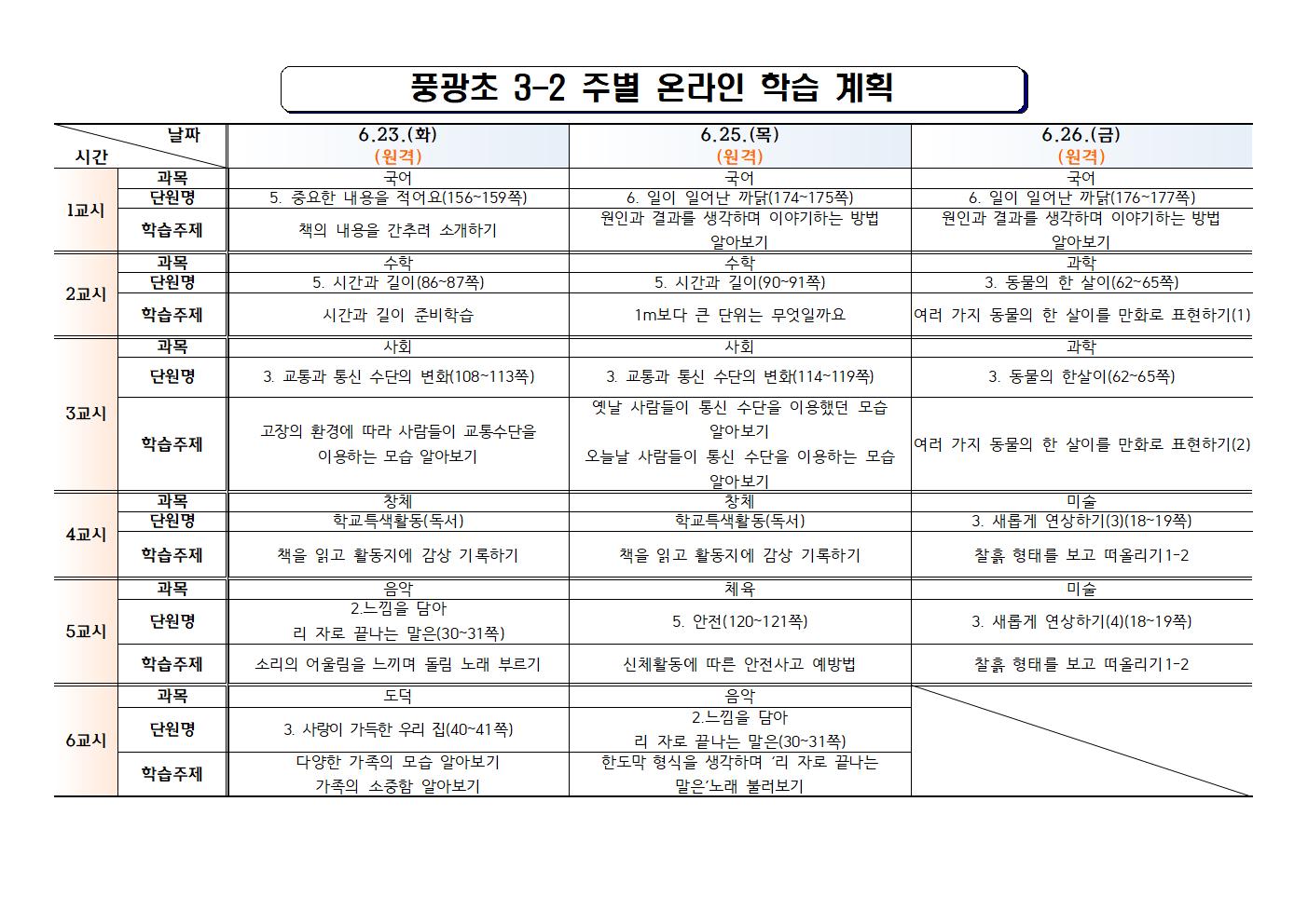 (풍광초)3학년 (10)주차 온라인 학습 계획(3-2)001