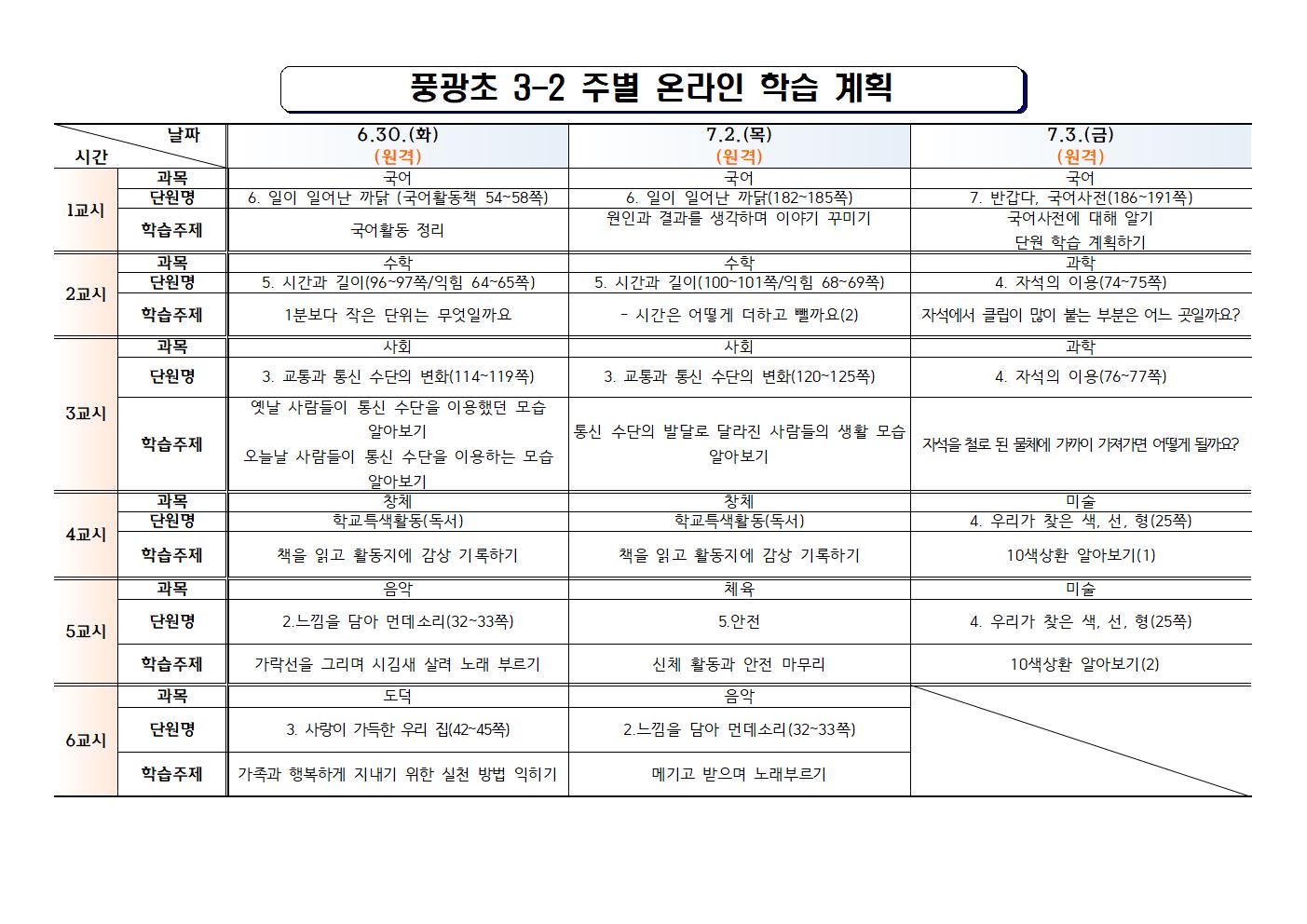 (풍광초)3학년 (11)주차 온라인 학습 계획(완료)3-2