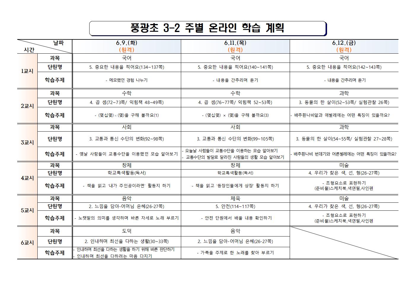 #(풍광초)3학년 (8)주차 온라인 학습 계획(1)002