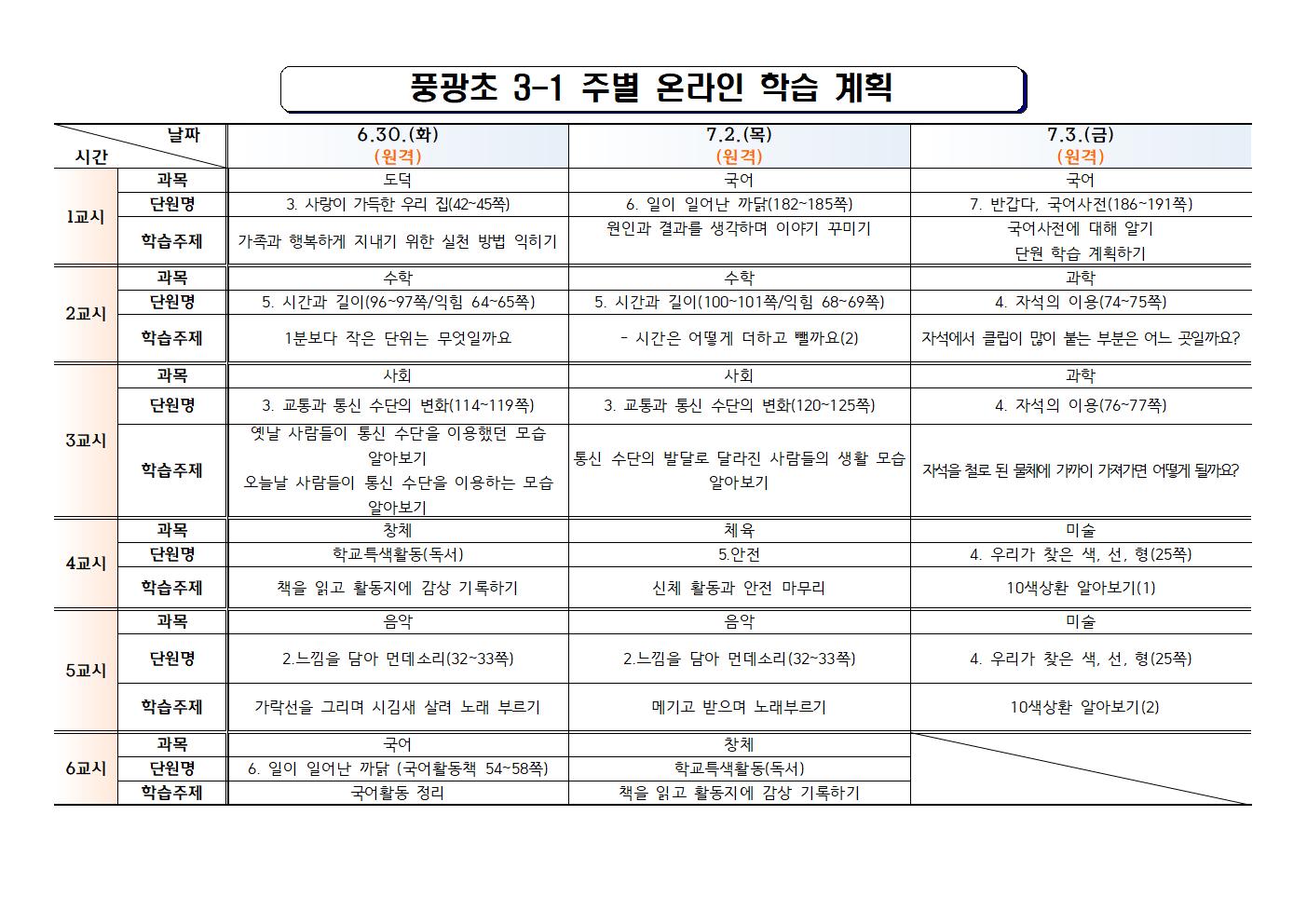 (풍광초)3학년 (11)주차 온라인 학습 계획(완료)3-1