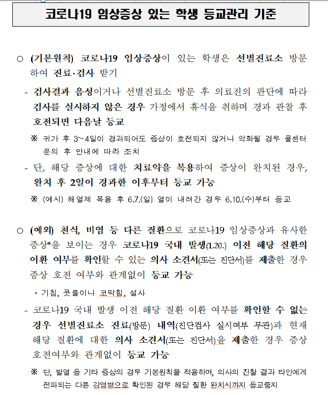 코로나19 임상증상이 있는 학생 등교 관리 기준 안내