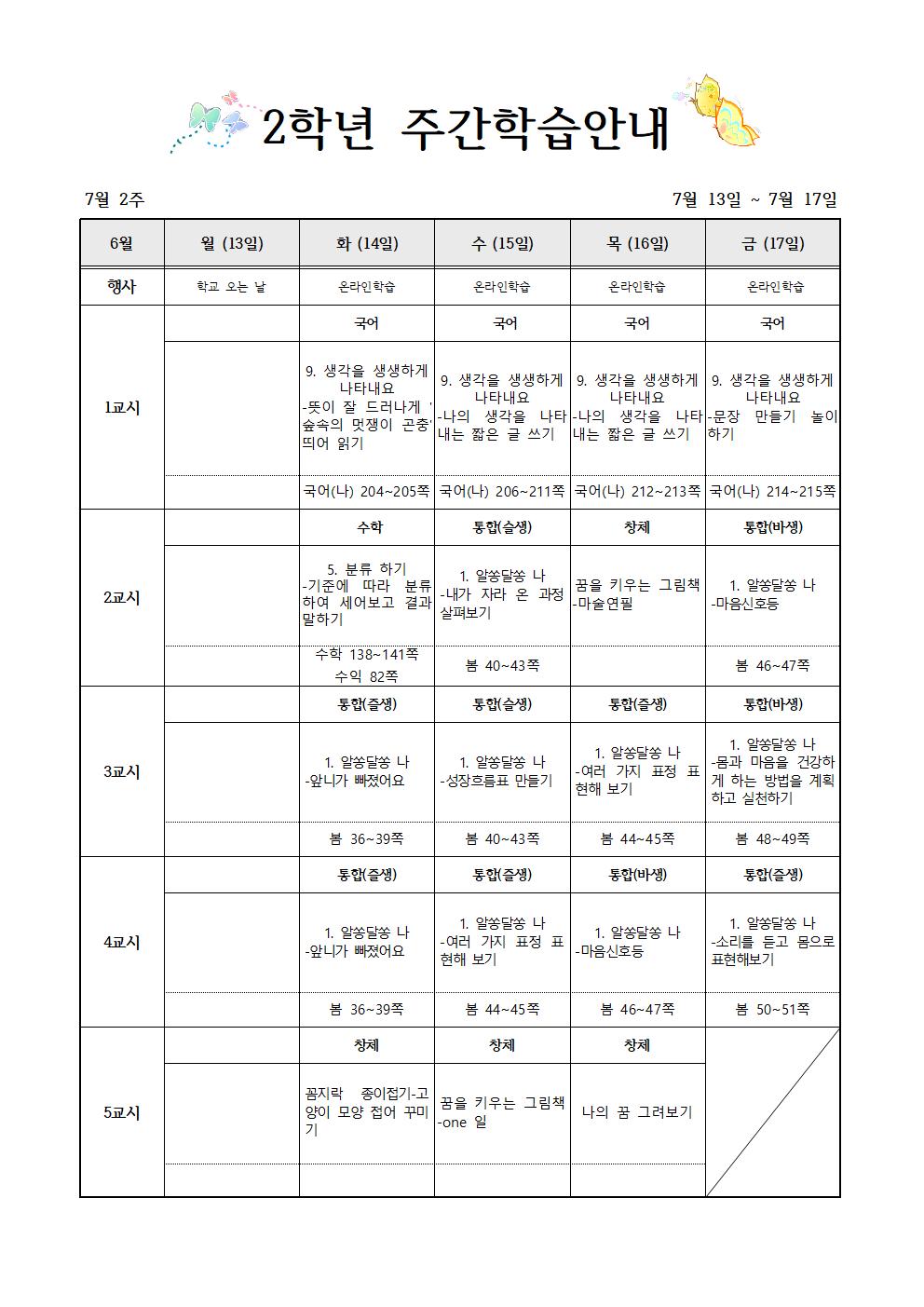 7월13일-7월17일 주간학습계획(2학년)001