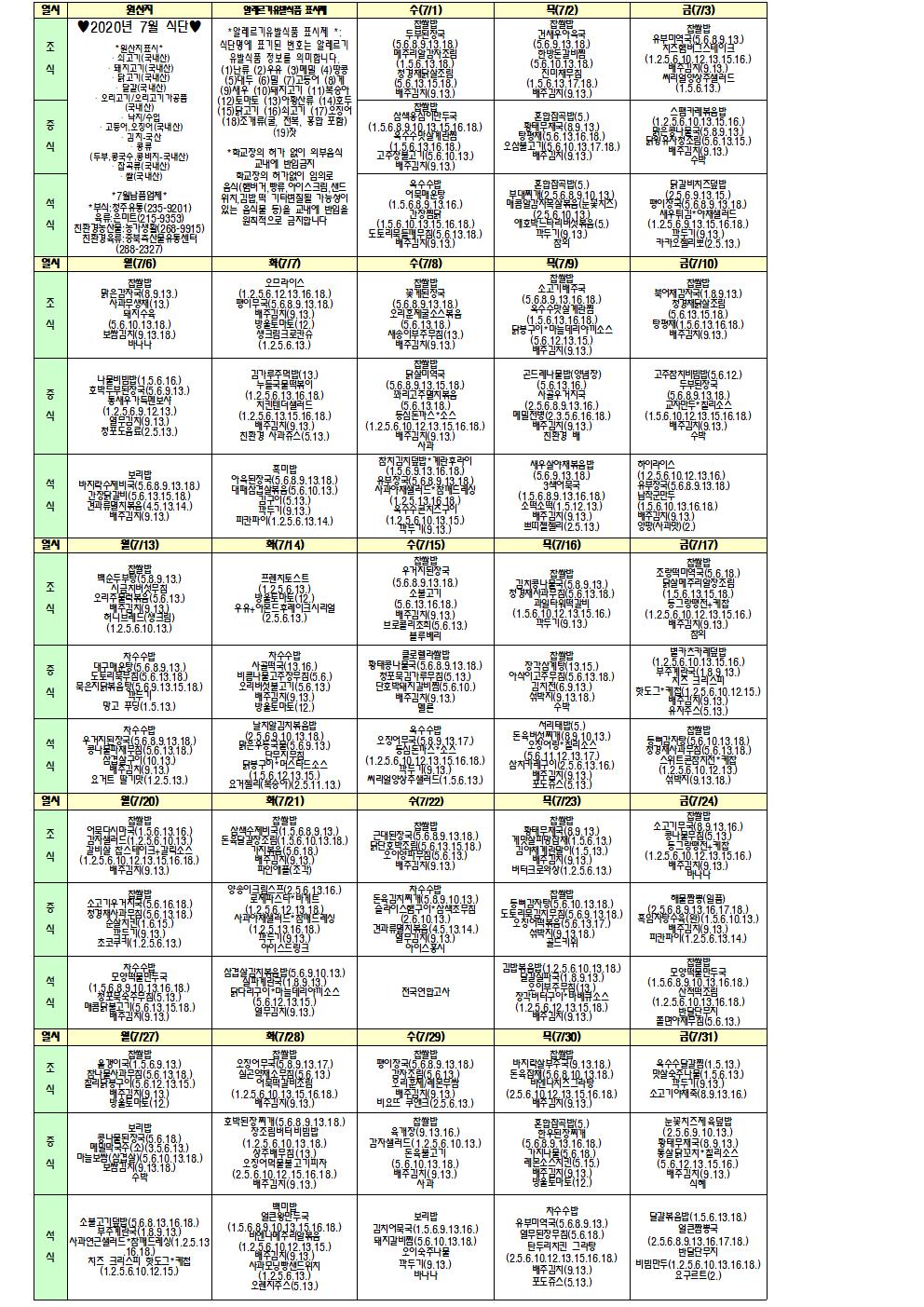 2020년 7월 조중석 식단표001