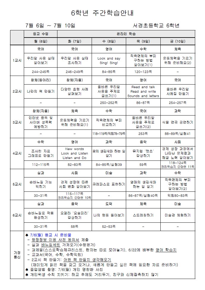 주간학습안내(7월 2주)