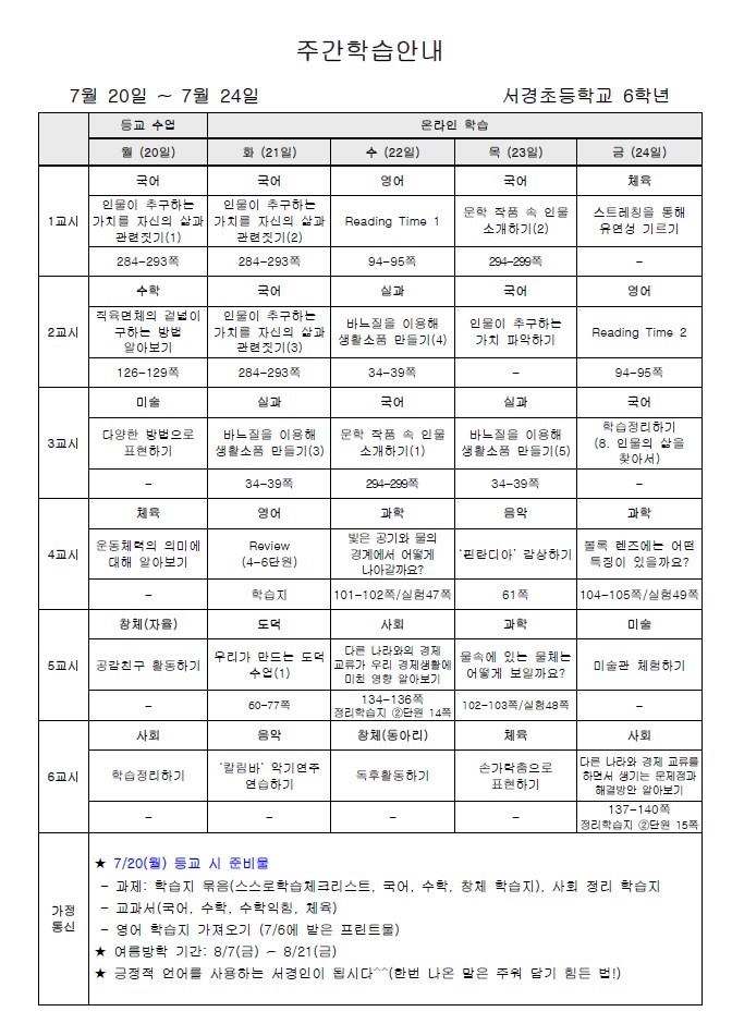 주간학습안내(7월 4주)