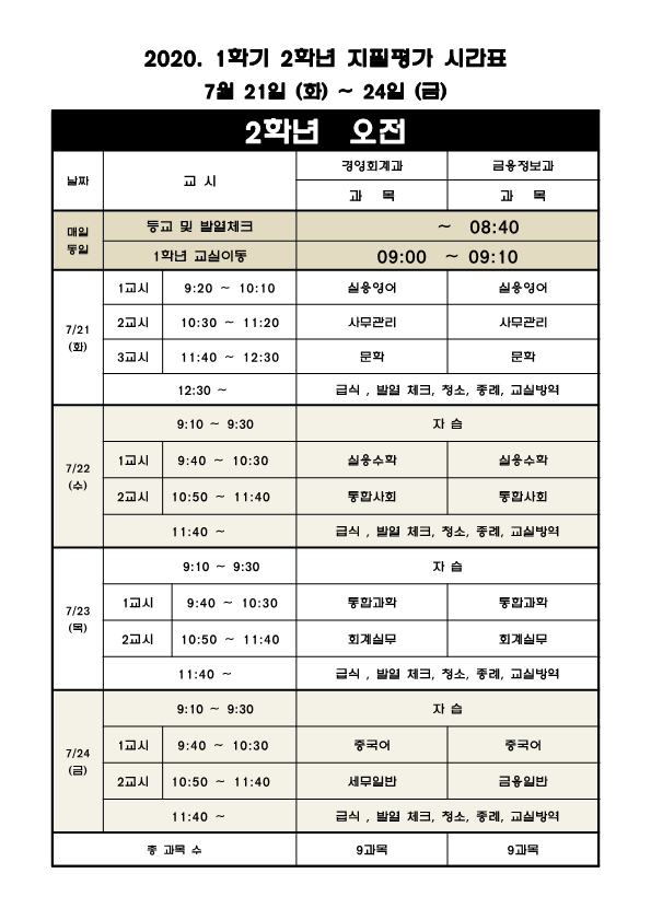 2020. 1학기 2학년 지필평가 시간표