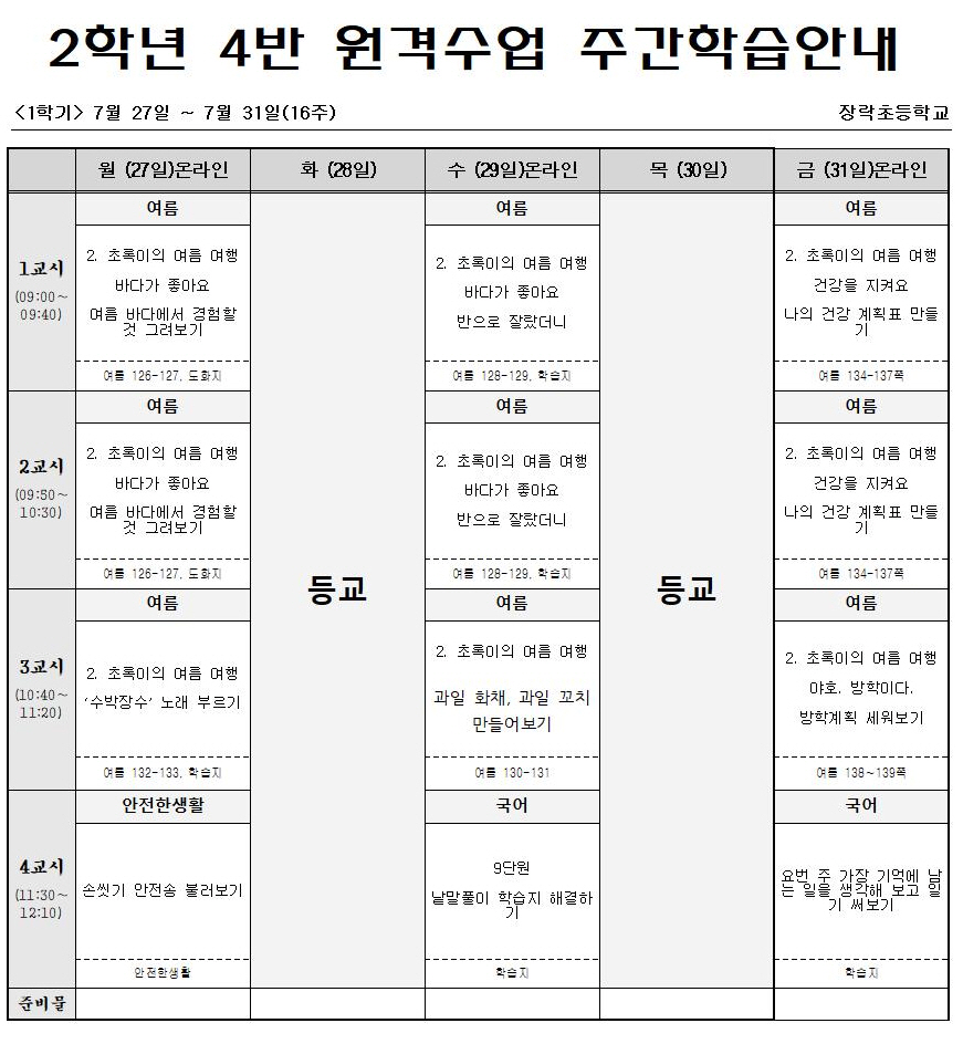 2학년 4반 원격수업 주간학습안내 7월27일-7월31일(16주)001001