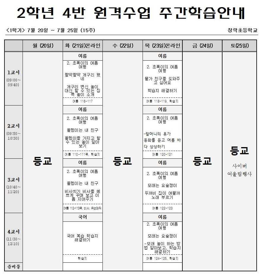 사본 -2학년 4반 원격수업 주간학습안내 7월20일-7월25일(15주)001