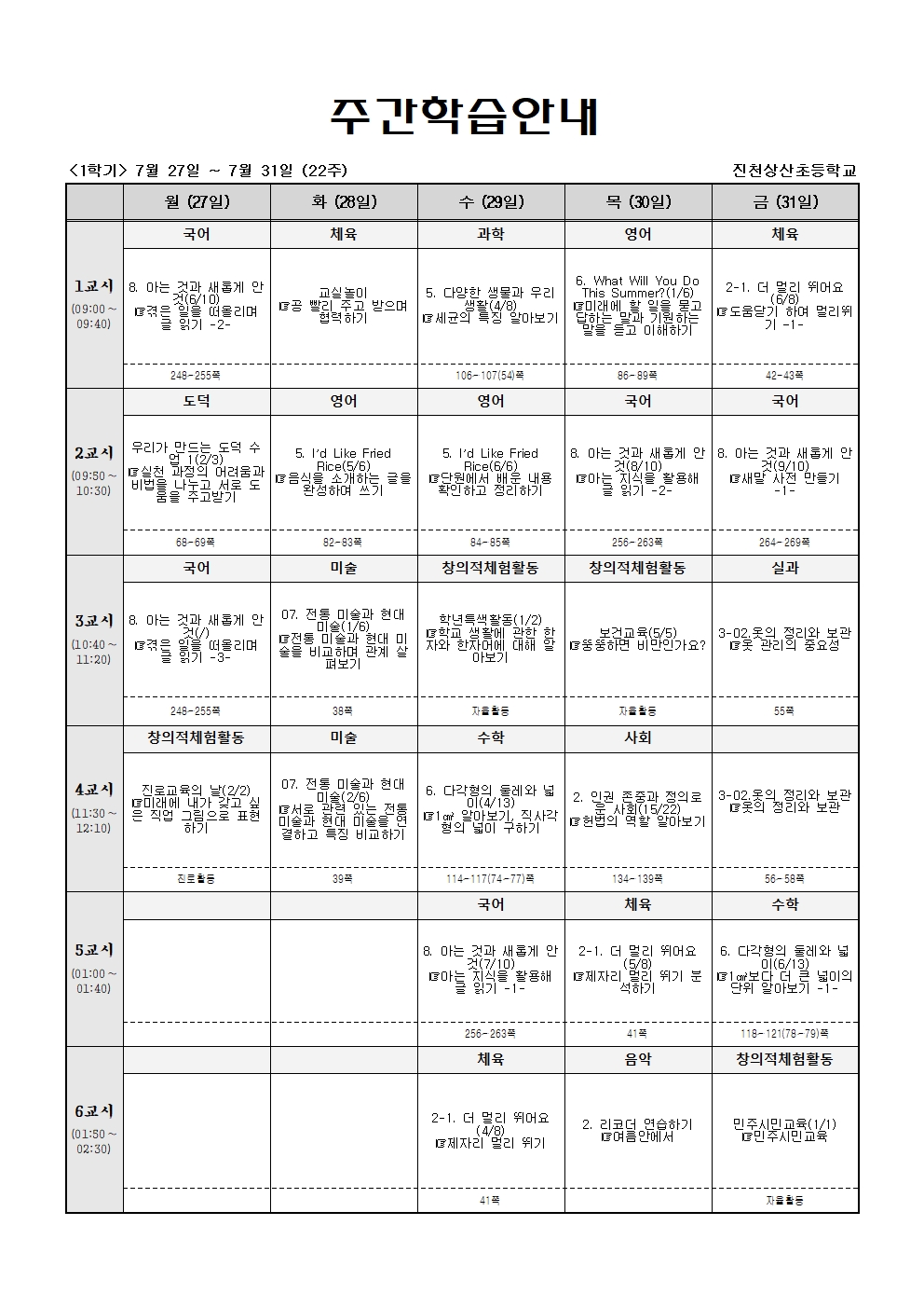 (실과,과학,체육,음악)주간학습_5학년_1반_(1학기)7월27일~8월1일(22주)001