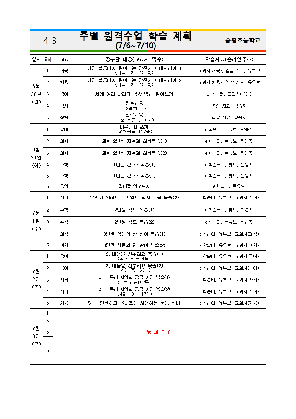 4학년 3반 주별 원격수업 학습 계획(7.6-7.10)