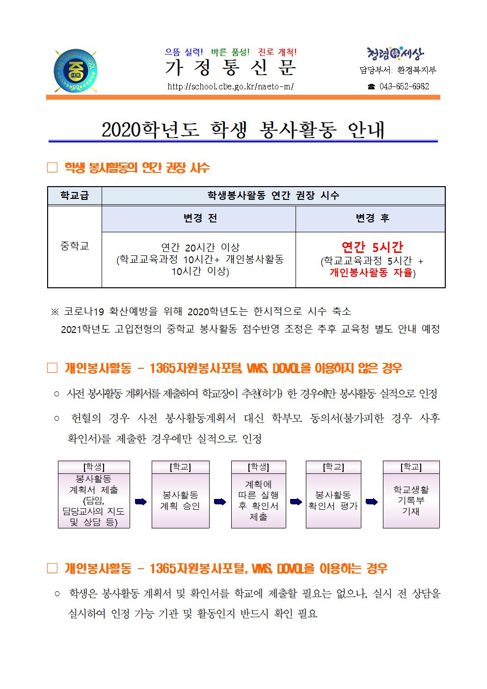 2020. 학생 봉사활동 안내 (가정통신문)001