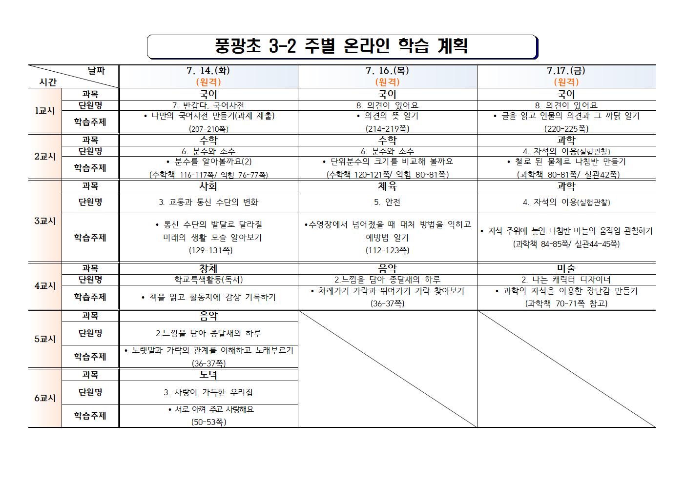 (풍광초)3학년 (13)주차 온라인 학습 계획(완료)001