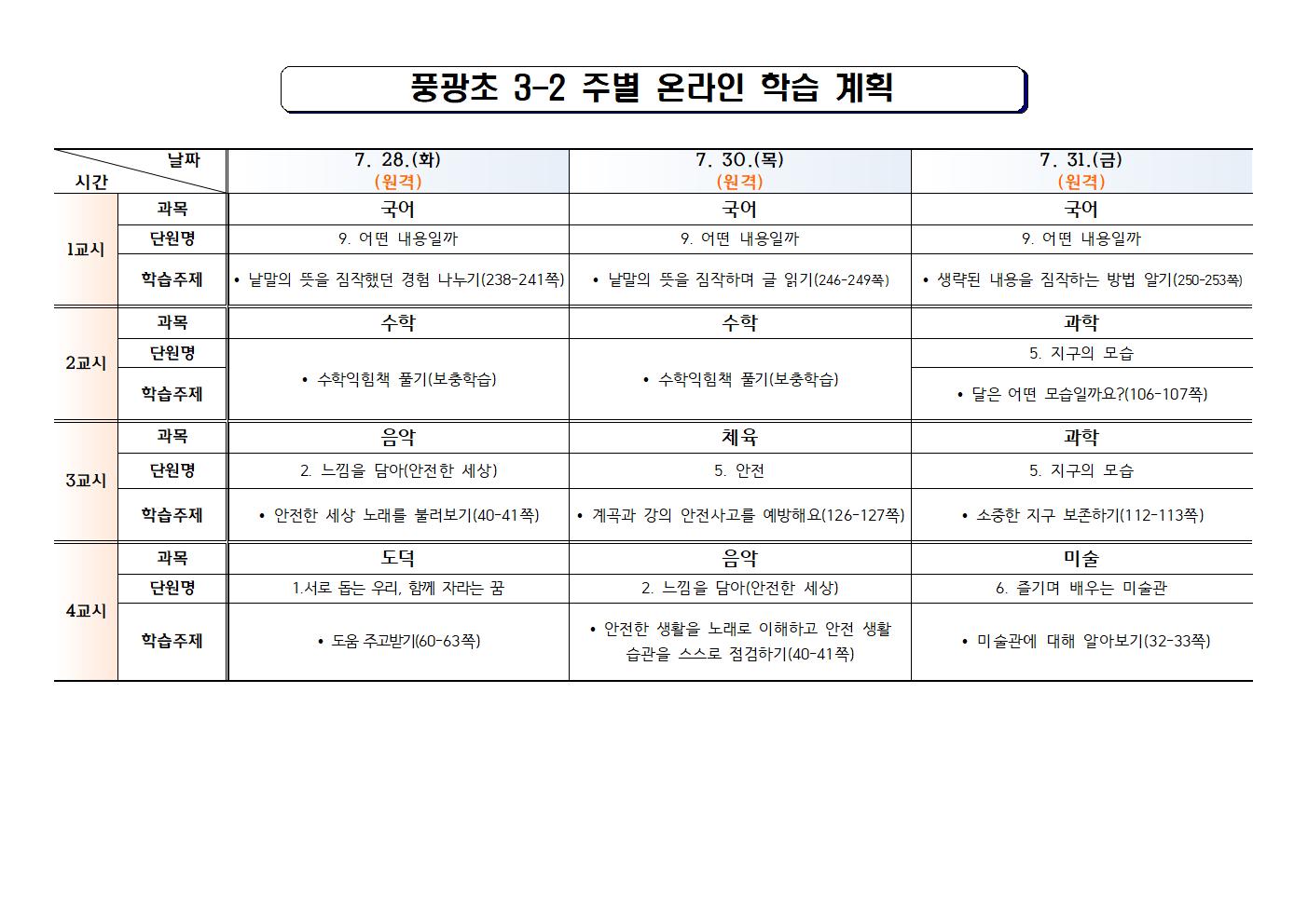 (풍광초)3학년 (15)주차 온라인 학습 계획(완료)001