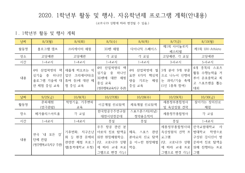 2020. 1학년 행사 및 2학기 자유학년제 프로그램 안내_2