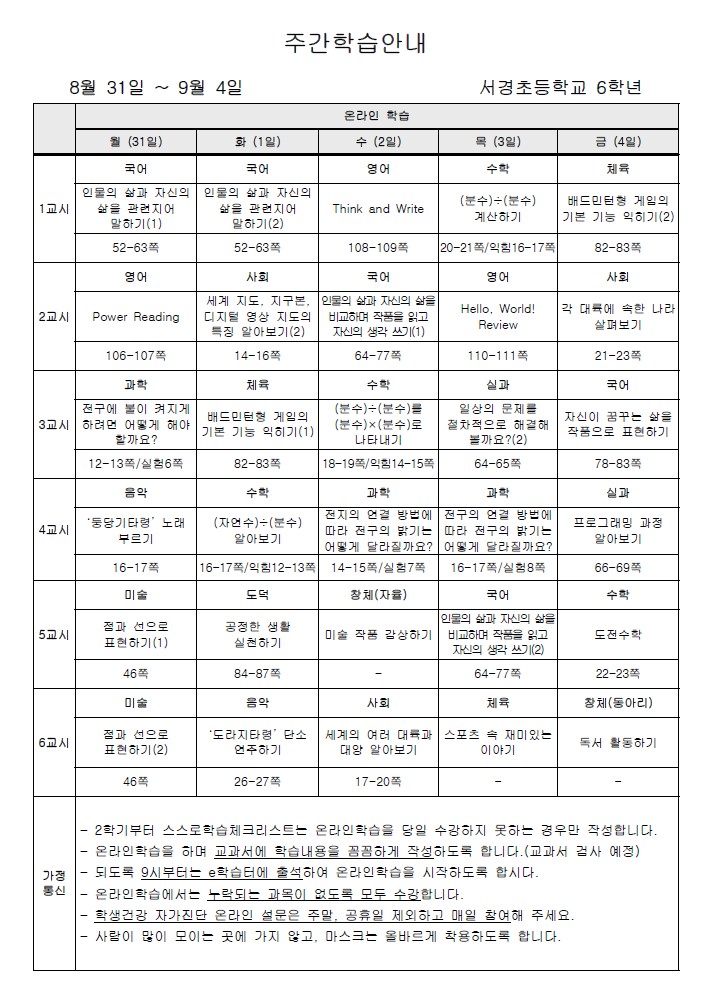 주간학습안내(8월 5주)