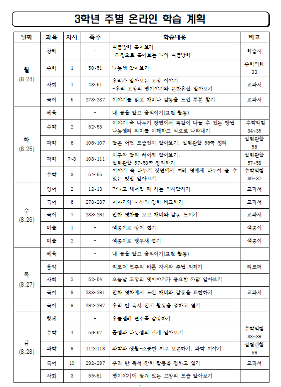 3학년 주별 온라인 학습 계획(8.24~8.28)