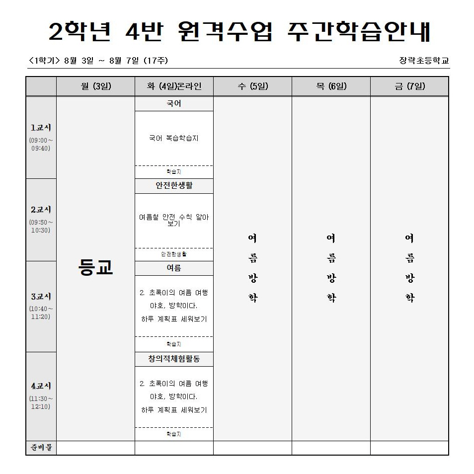 2학년 원격수업 주간학습안내 8월3일-8월7일(17주)001