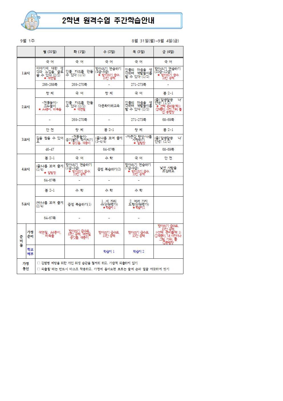 2학년 9월 1주 주간학습안내(1반)001