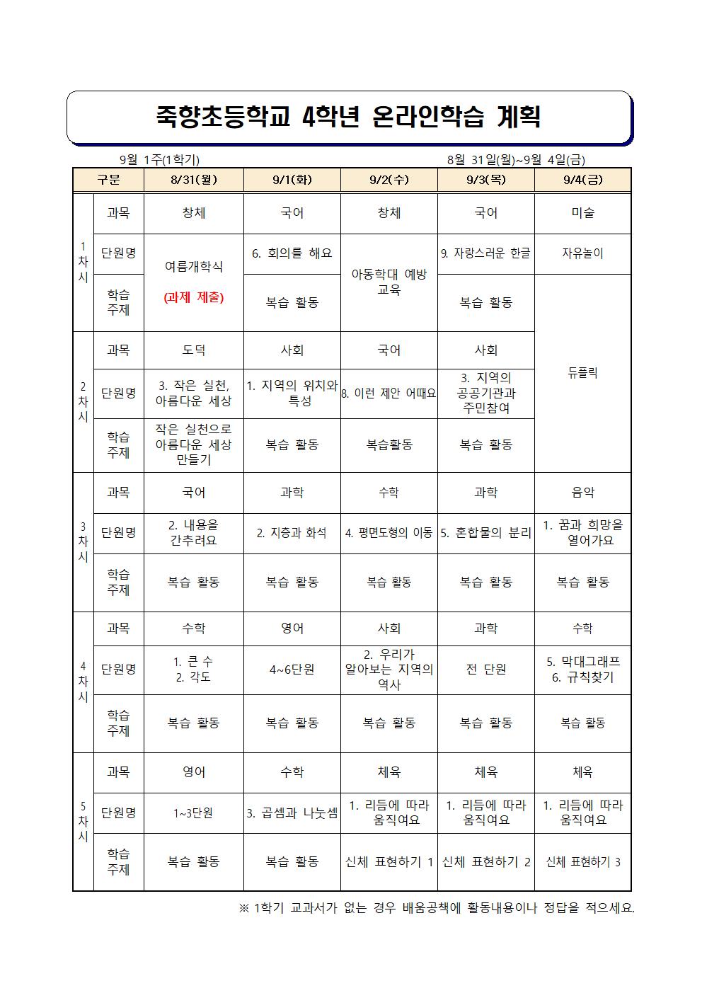 9월 1주 온라인 학습 계획