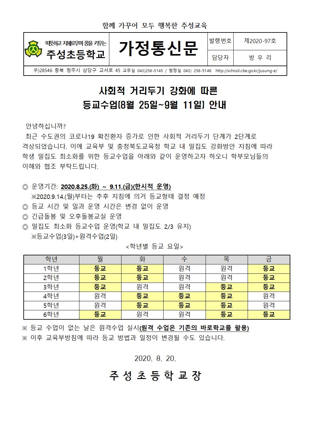 가정통신문(사회적 거리두기 강화에 따른 등교수업 안내)001