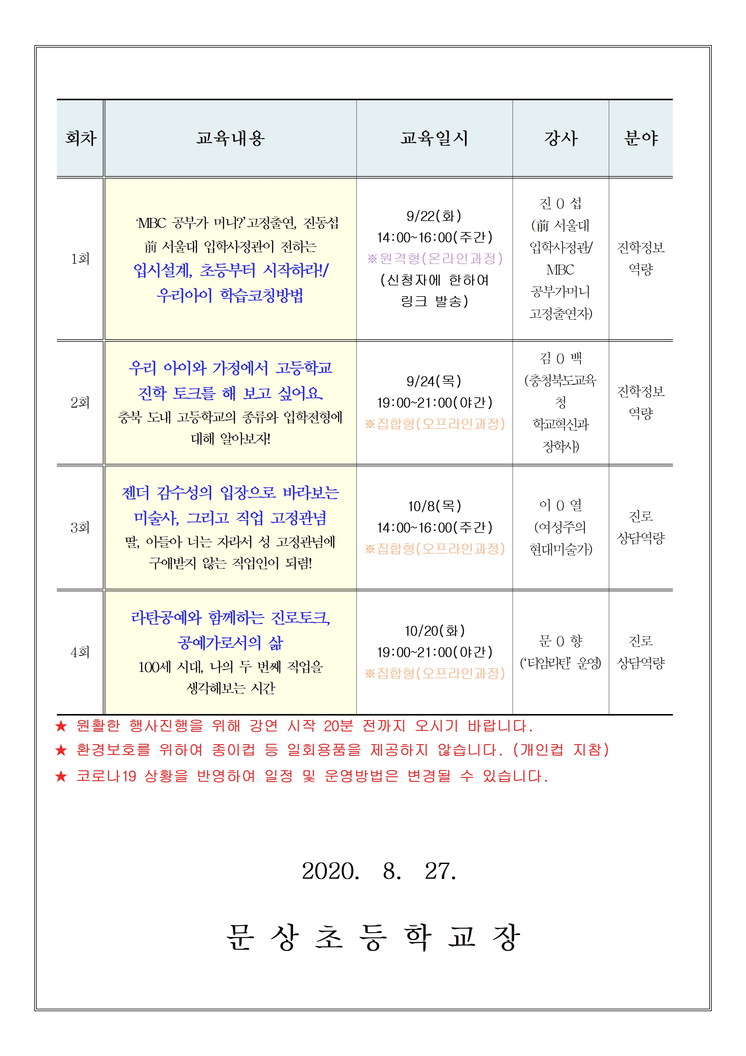 2020. 학부모 진로교육 하반기 운영 안내장002