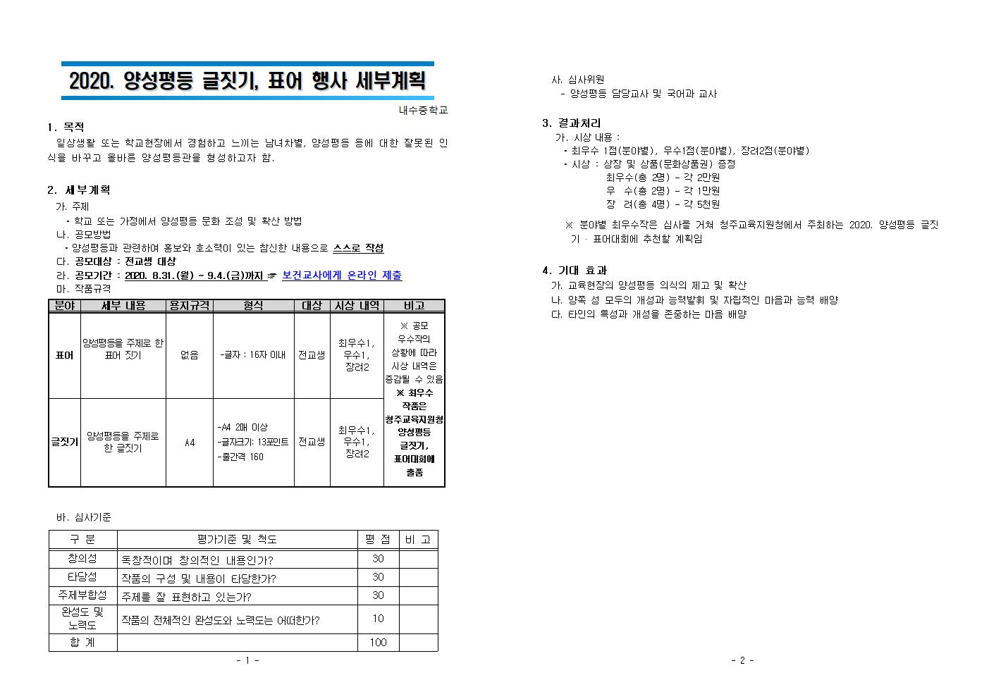 2020. 양성평등 글짓기, 표어 행사 세부 계획001