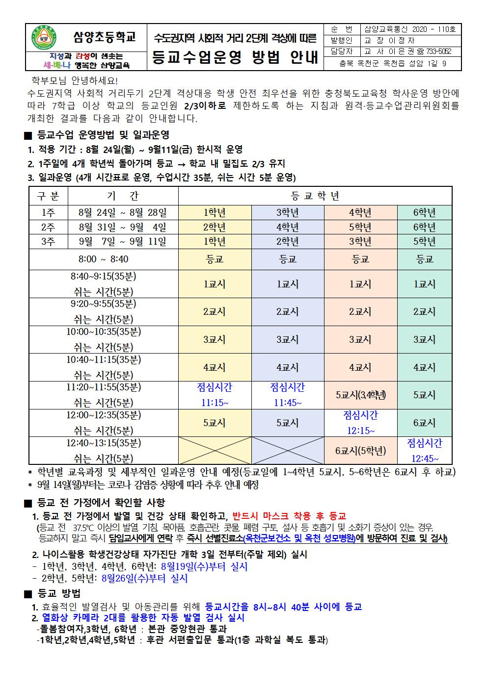 수도권지역 사회적 거리두기 2단계 격상에 따른 등교수업운영 방안 안내001