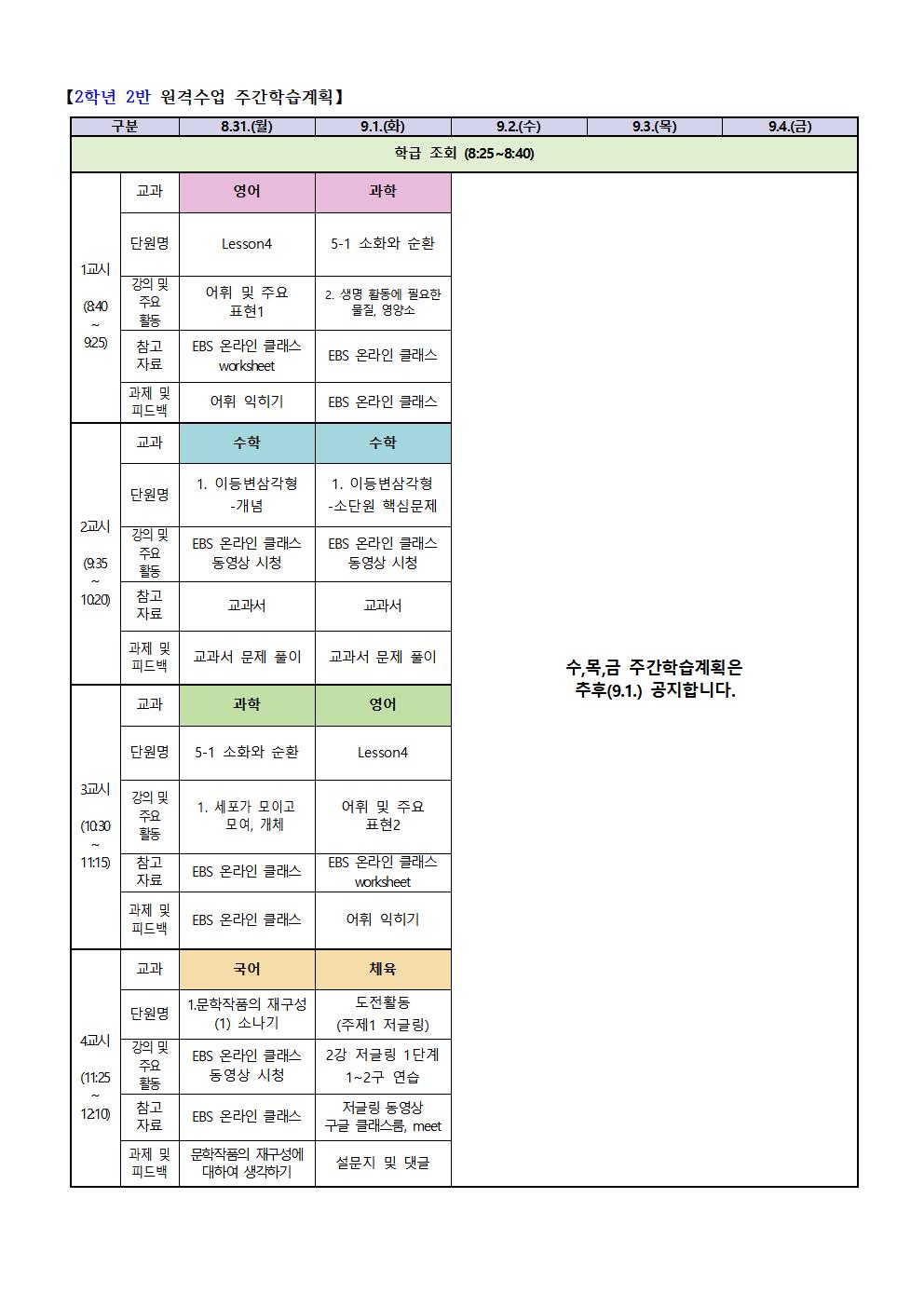 2-2 원격수업 주간학습계획(8.31.-9.1.)001