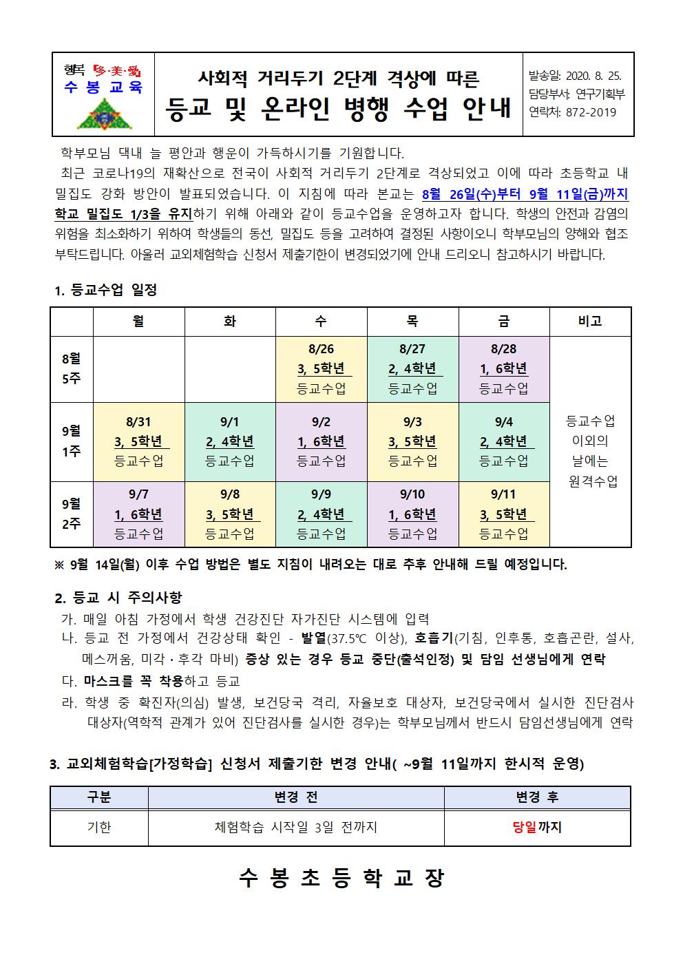 사회적 거리두기 2단계 격상에 따른 등교수업 안내(수봉초)001