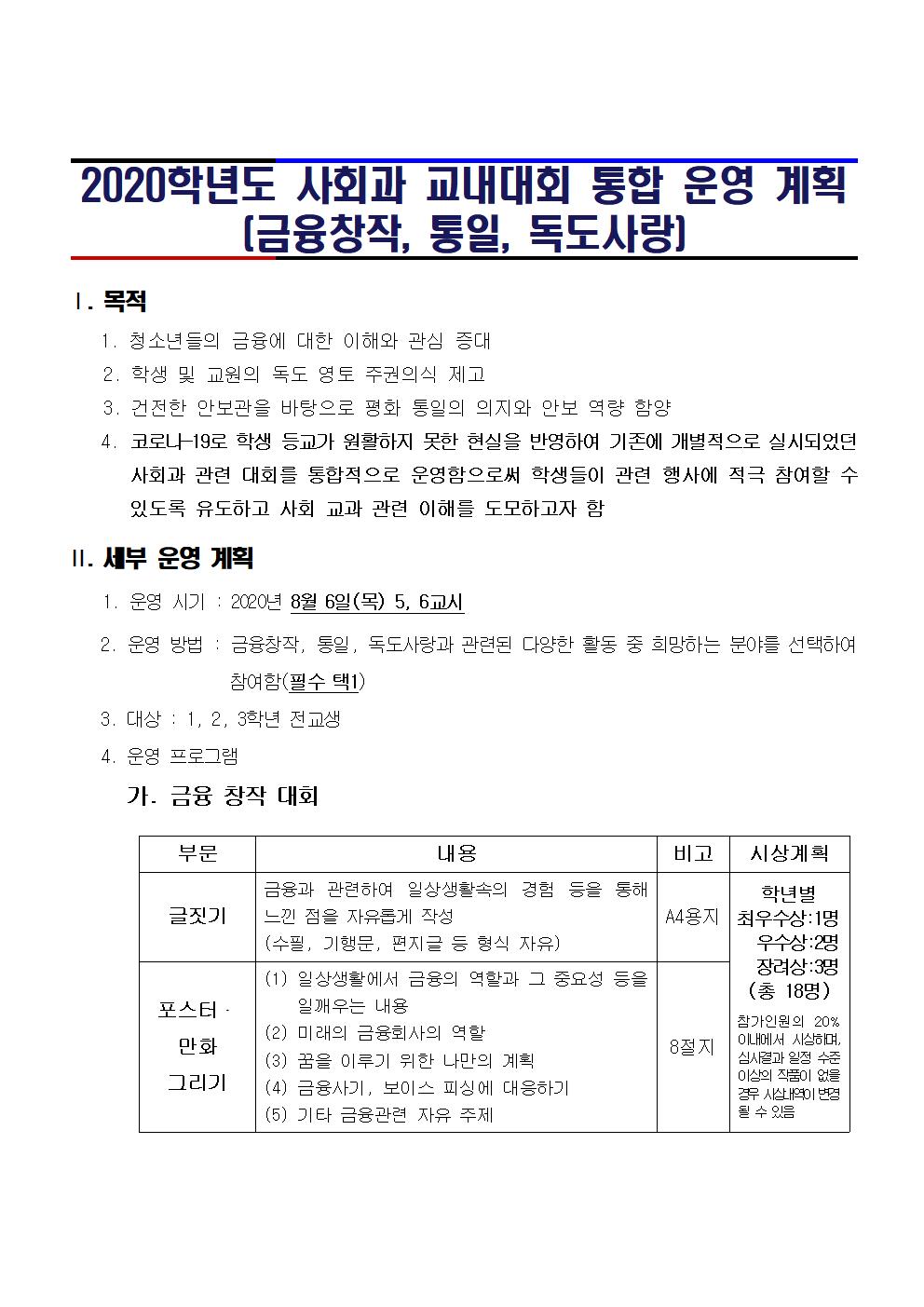 2020학년도 사회과 교내대회 통합 운영 계획(금융창작,통일,독도사랑)001