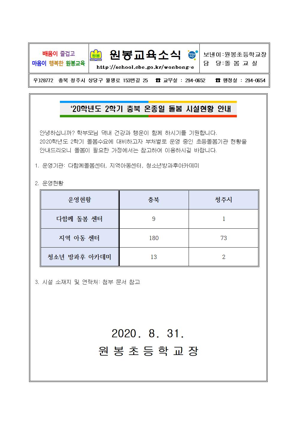 2020. 2학기 충북 온종일돌봄 시설현황 안내001