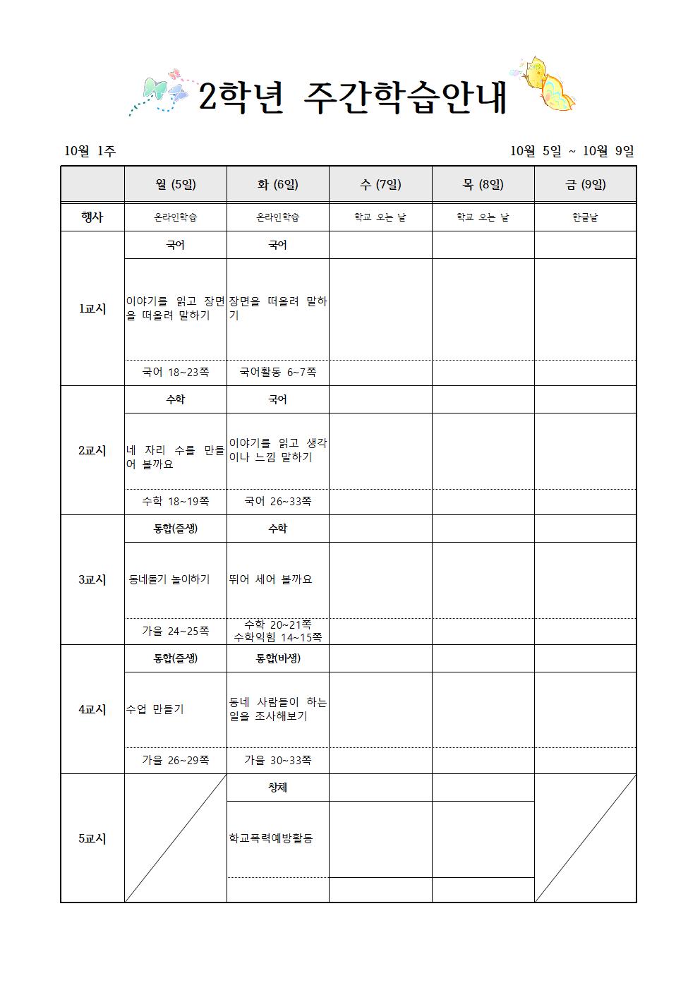 10월5일-10월9일 주간학습계획(2학년)001