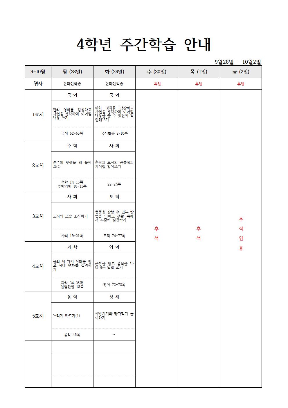 9월28일 - 10월2일 주간 온라인학습계획(4학년)001