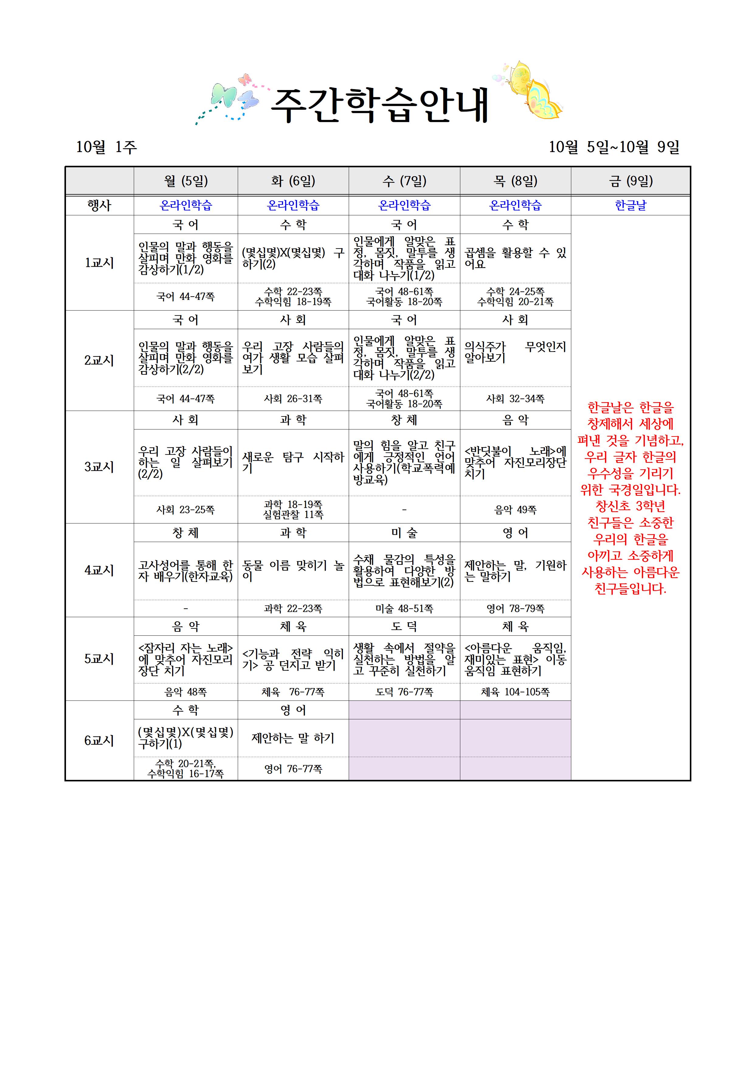 10월 5일~10월 9일 주간학습계획(3학년)001